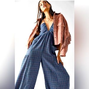 Free People Blue Plaid Jumpsuit